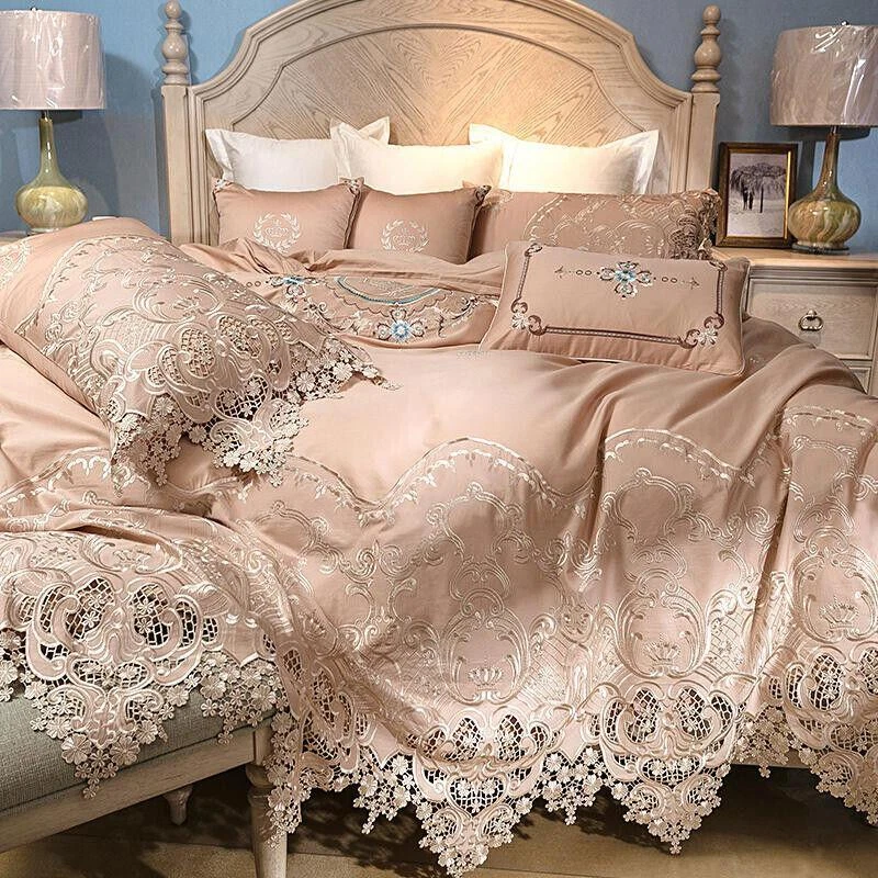 Luxury bedding set 6pcs 100S pima cotton hollow lace quilt cover flat sheet set - Image 1 of 4