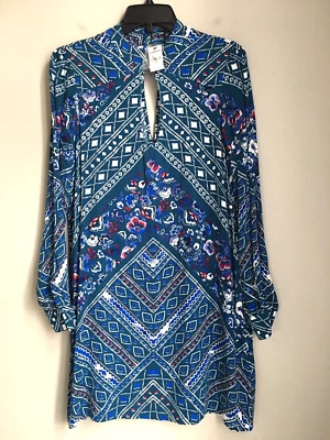 Экспресс-платье с длинным рукавом Shift женщин маленький синий Geo цветочный вискоза вырезы новый с Ярлыками - Изображение 1 из 4