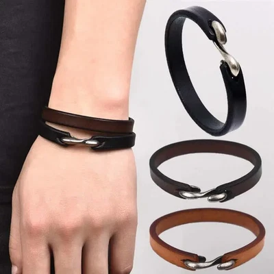 Leather Cuff Bracelet Men Black Rope Adjustable Hook Layered Link Chain Jewelry - Image 1 of 4