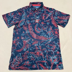 Pins & Aces Poloshirt Herren mittelblau rot Blumen Golf Performance leicht - Bild 1 von 7