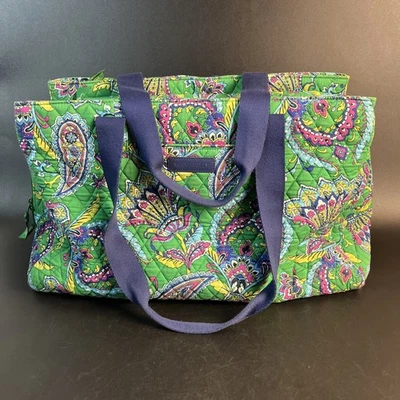Vera Bradley Large Diaper Bag Tote with Insert Quilted Cotton Paisley Green Blue - Image 1 of 4