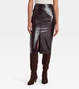NWT A New Day Women's Brown Faux Leather Midi Skirt Side Zip Slit Front 14 - Picture 1 of 3
