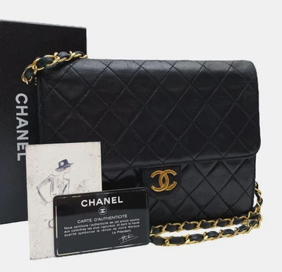 Chanel Matelasse Lambskin Chain Shoulder Bag Coco Mark Black 8.6in Authentic - Image 1 of 4