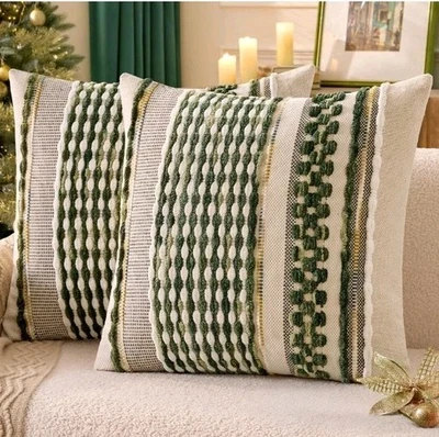 ANRODUO Pack de 2 Fundas de Almohada 18x18, Chenilla Rayas, Verde Oliva... Foto 1 de 4