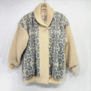 Cárdigan De Colección Hilda Ltd Mujer S Azul Crema Lana Tejido Chal Islandés Cuello Años 80 - Imagen 1 de 12