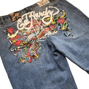Ed Hardy Jeans Unisex Men Women 32 Tattoo Art Baggy Hipster Y2K Punk Grunge - Picture 1 of 8
