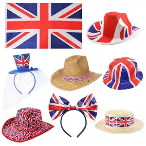 UNION JACK HATS & FLAG VE DAY ROYAL GREAT BRITAIN PARTY VE DAY FANCY DRESS LOT - Picture 1 of 7
