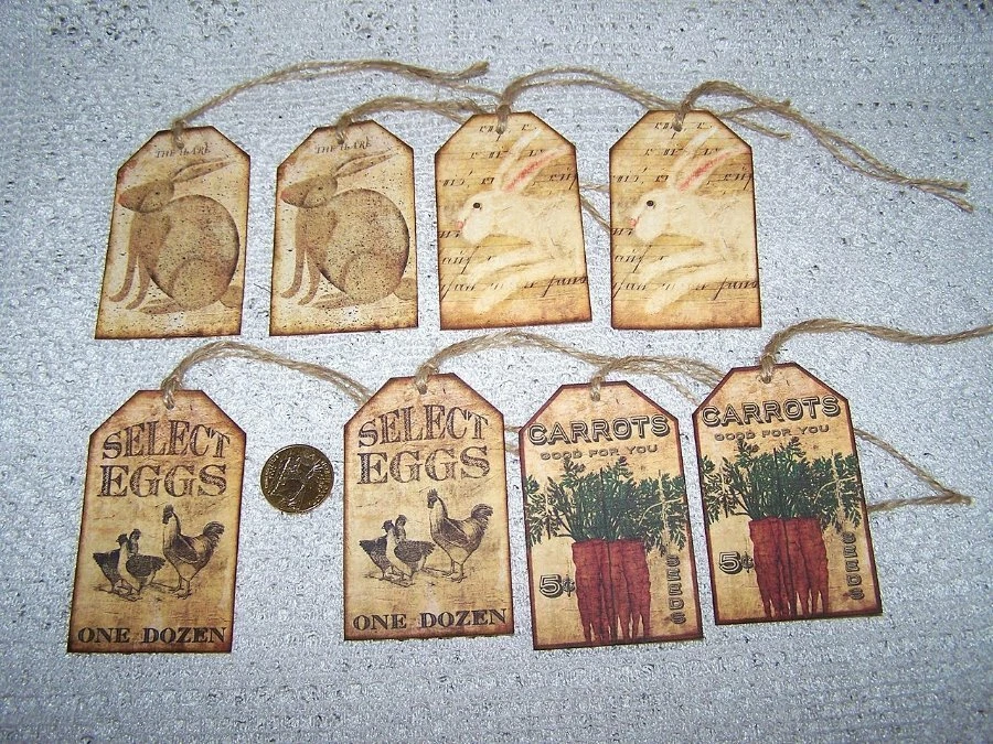 8~Easter~Primitive~Bunnies~Carrots~Eggs~Hares~Linen Cardstock~Gift~Hang~Tags - Image 1 of 1
