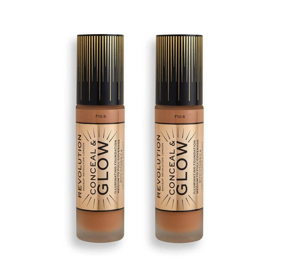 Pack of 2 Makeup Revolution Beauty Conceal & Glow Illuminating Foundation, F10.5 - Image 1 of 4
