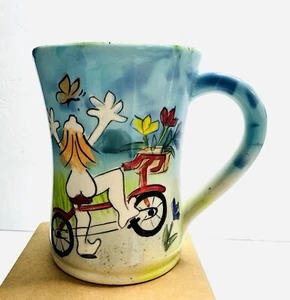 Whimsical Nude Woman on Bike Mug Signed Hand Painted Studio Pottery Folk Art - Picture 1 of 10