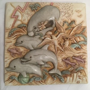 Delfín 4" Azulejo 3 Delfines Plumón Ballena Vida Marina Peces Océano Playa Reino Armonía - Imagen 1 de 2