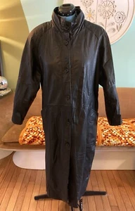 Vintage Pelle New York Milano Black Leather Trench Coat Jacket Women's Sz Large - Picture 1 of 17