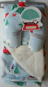 CHRISTMAS BLANKET HEAD PILLOW Boys Sherpa BABY BLUE 30x40 Trees Snowmen Cars - Picture 1 of 3