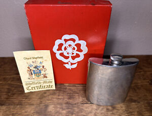 SHEFFIELD ROSE ENGLISH PEWTER SAILING POCKET FLASK WITH BOX MADE IN ENGLAND.