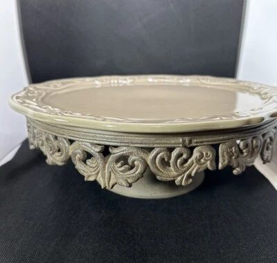 Chris Madden Cake Plate and Metal Stand Tuscan Scroll Taupe 14” Diameter Retired - Image 1 of 4