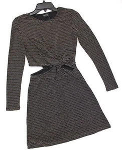 Topshop Langarm ausgeschnitten Knoten Metallic dehnbar Skaterkleid schwarz Größe 4 US - Bild 1 von 9