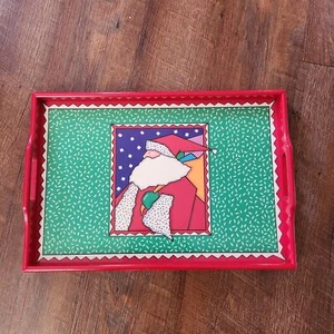 1980s 90s Style Santa Claus Christmas Holiday Wooden Tray Colorful Confetti 17in - Picture 1 of 9