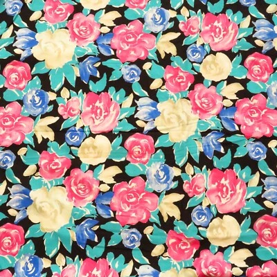 2.1 YD Vintage 1980s Floral Fabric Multicolor Black Cotton - Image 1 of 4