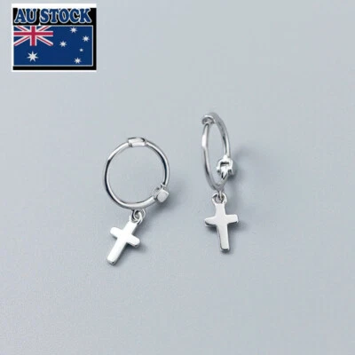 Woman Real s925 Sterling Silver Hoop Huggie Stud Earrings Cross Cute Drop  - Image 1 of 3