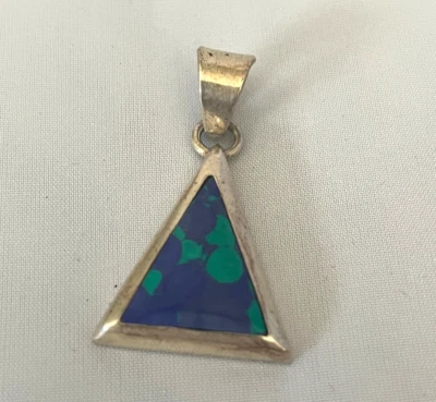 Pingente triangular de prata esterlina 950 México malaquita azurita, 7g, assinado TN-IBI - Imagem 1 de 3