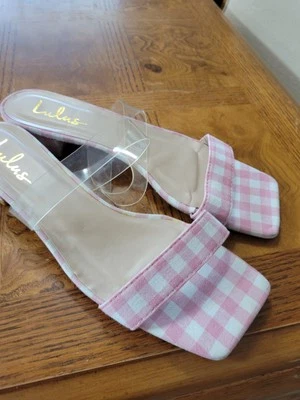 Gingham Check Square Toe Double Strap Slide Sandals By LuLus.  Sz 9. Worn Once. - Image 1 of 4