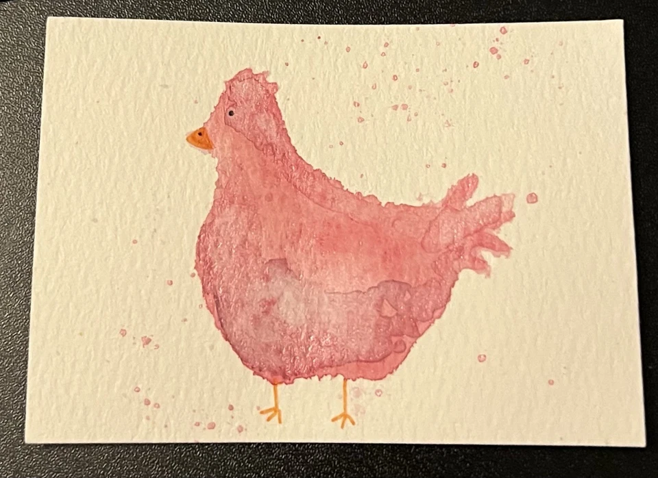 ACEO 鸡水彩艺术卡,原创绘画,可爱抽象农场动物 — 第 1/1 张图片