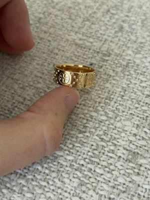 NWT Tory Burch Icon T  Gold Monogram Pave Logo Ring - Image 1 of 4