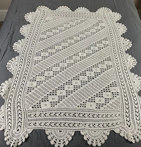 Handmade 56”x42” Crocheted Doily Diagonal Square Table Bed Scalloped Off White - Picture 1 of 7