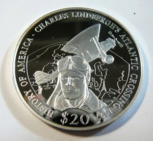 2001 Charles Lindbergh Proof $20 LIBERIA .999 SILVER COIN - Picture 1 of 2