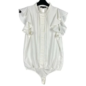 Lamarque M Ivory Ruffled Sleeves Button Front Bodysuit Blouse Top Classic Chic - Picture 1 of 14
