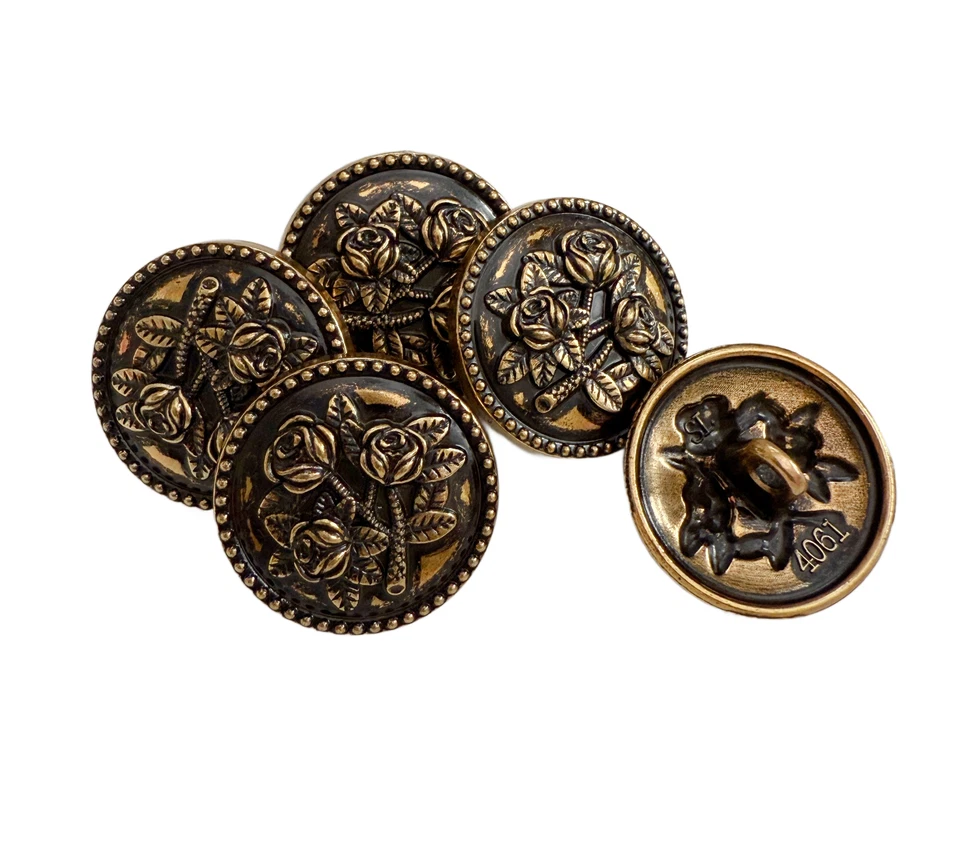 5PC Antiqued Bronze Rose Floral Metal Buttons Shank Buttons 18mm - Image 1 of 2