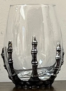 Halloween Skeleton Hand Holding Stemless Wine Glass Metal Fingers Bones 14 oz - Picture 1 of 9