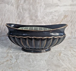 Vintage Art Deco Keramik Mantel Vase schwarz gold Blumen Frosch Einsatz 30er Jahre Stil - Bild 1 von 15