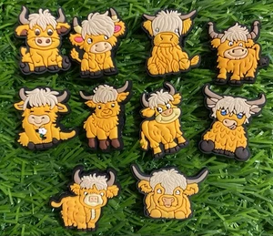 Paquete de 10 dijes de zapatos de cocodrilo temáticos Highland Cow - Imagen 1 de 1