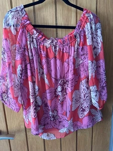 Beautiful Klass floaty Bardot top in coral/cerise and pink shades size 18. BNWOT - Picture 1 of 4