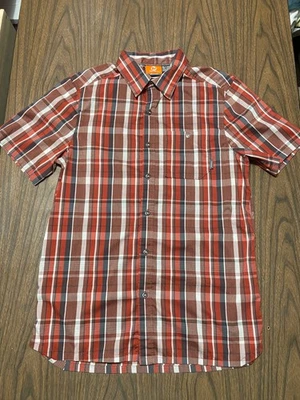 Merrell Short Sleeve Button Up Outdoor Plaid hiking shirt,  men’s red in color  - Image 1 of 4