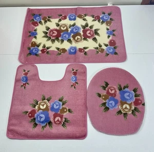 Vintage Badvorleger Rosa Blumen Badematte mit Toilettendeckel Bezug 3 tlg. Set NOS - Bild 1 von 11