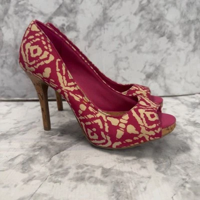 Christian Siriano Peep Toe High Heels Womens 7 Pink Stilettos Geometric Cork - Image 1 of 4