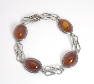 Vintage Bracelet en Argent + Motif & 4 X Ambre Cabochon, Longueur 21cm - Photo 1 sur 6