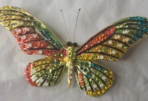 Large Butterfly brooch Beautiful Green Red Orange Yellow & White Rhinestones - Picture 1 of 6