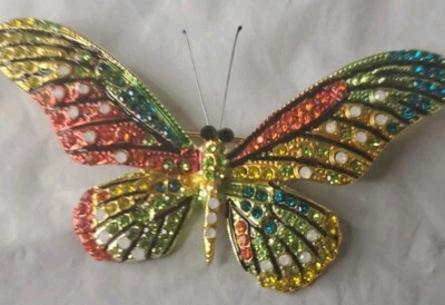 Large Butterfly brooch Beautiful Green Red Orange Yellow & White Rhinestones  - Image 1 of 4