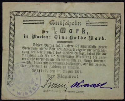 WISSEK / WYSOKA XX-RARO 1/2 Marca Primera Guerra Mundial Alemán Notgeld Polonia Posen Foto 1 de 2