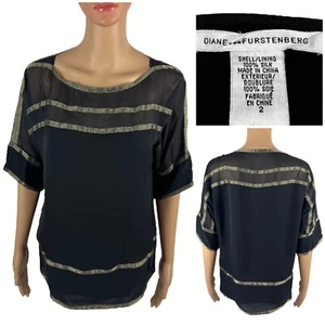Diane Von Furstenburg Womens 2 Top Black Gold Blouse Vintage 100% Silk Casual - Picture 1 of 8