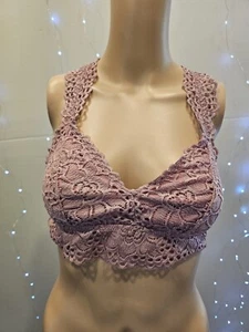 Aerie Bralette Plunge Race Back Size Large Mesh Sheer  Pale Blush Pink Lace - Picture 1 of 5