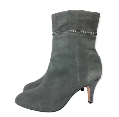 TARYN ROSE Shoes Women's 8.5 Gray Suede Heeled Ankle Booties Boots Chain - Image 1 of 4