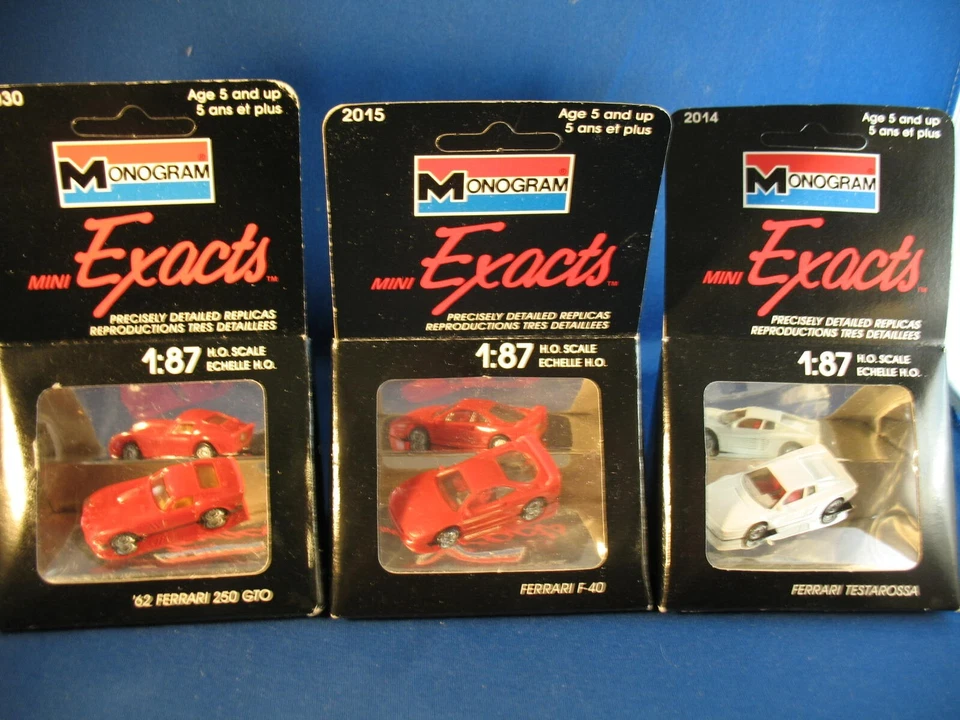 Monogram 1:87 HO model cars,  Ferrari F-40, Ferrari 250 GTO, Ferrari Testarossa - Image 1 of 1