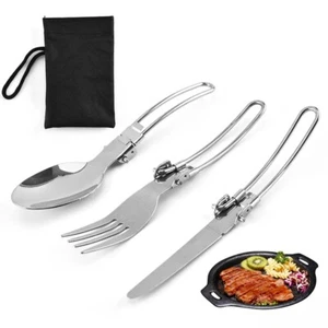 3Pcs Camping Cutlery Fork Spoon Knife Durable and Folding Stainless Steel - Picture 1 of 12