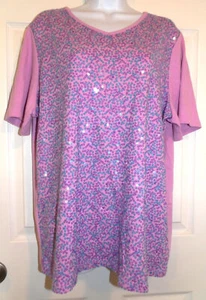 NWOT Pink Quacker Factory Short Sleeve Top w/Blue & Purple Sequins - XL - Picture 1 of 2