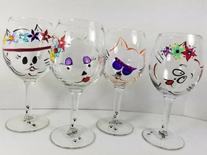 Hand Painted/Jeweled Stemmed Wines Signed P. Watson, 4 Unique CAT Designs, MINT! - Picture 1 of 12