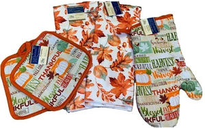 Home Collection Fall Leaves 2 Microfiber Kitchen Towels, 2 Potholders, Oven Mitt - Picture 1 of 1
